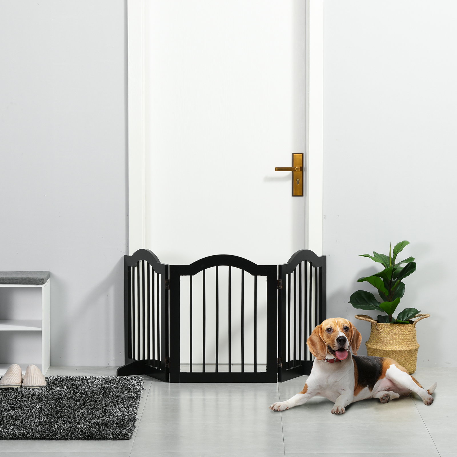 Barreira de Segurança Dobrável para Cães Pequenos com 3 Painéis e 2 Suportes 154,5x29,5x61 cm Preto