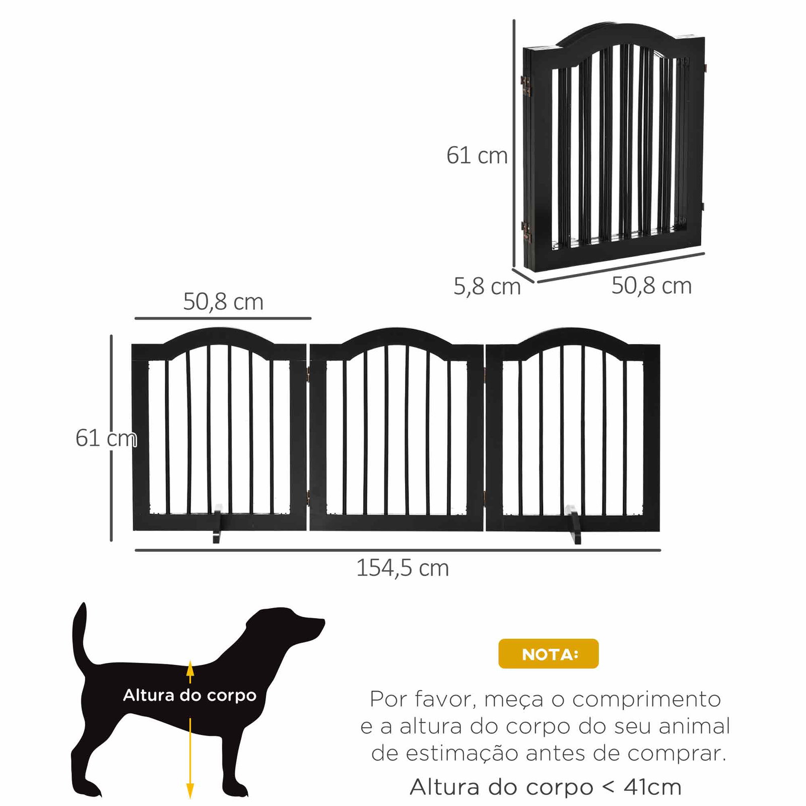 Barreira de Segurança Dobrável para Cães Pequenos com 3 Painéis e 2 Suportes 154,5x29,5x61 cm Preto