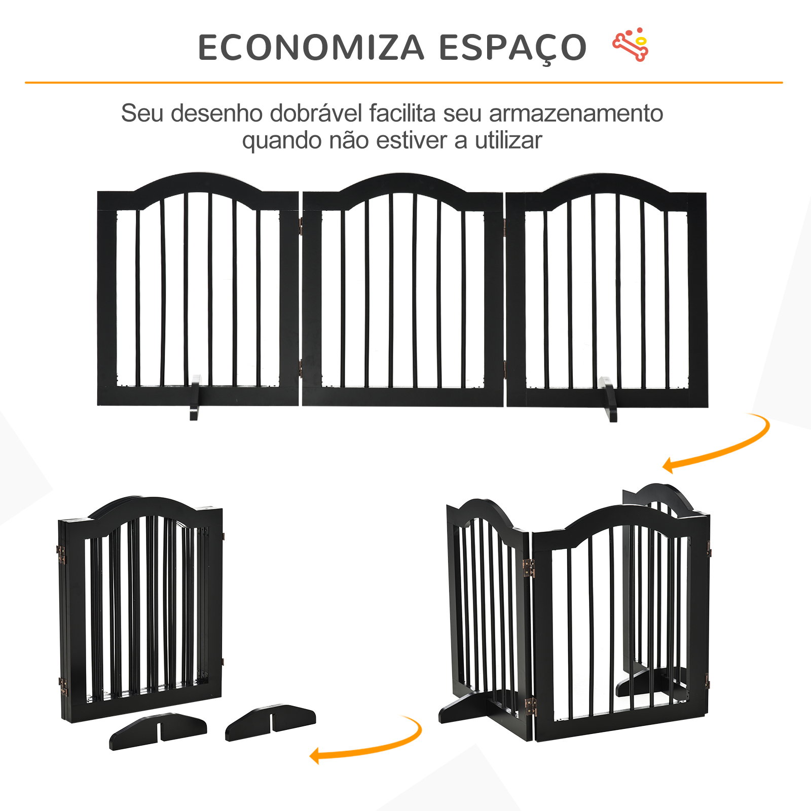Barreira de Segurança Dobrável para Cães Pequenos com 3 Painéis e 2 Suportes 154,5x29,5x61 cm Preto