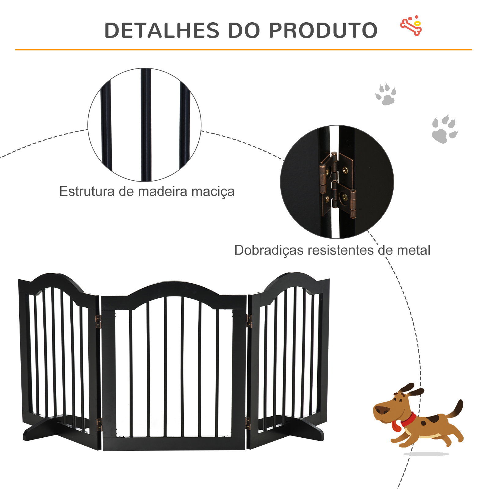 Barreira de Segurança Dobrável para Cães Pequenos com 3 Painéis e 2 Suportes 154,5x29,5x61 cm Preto