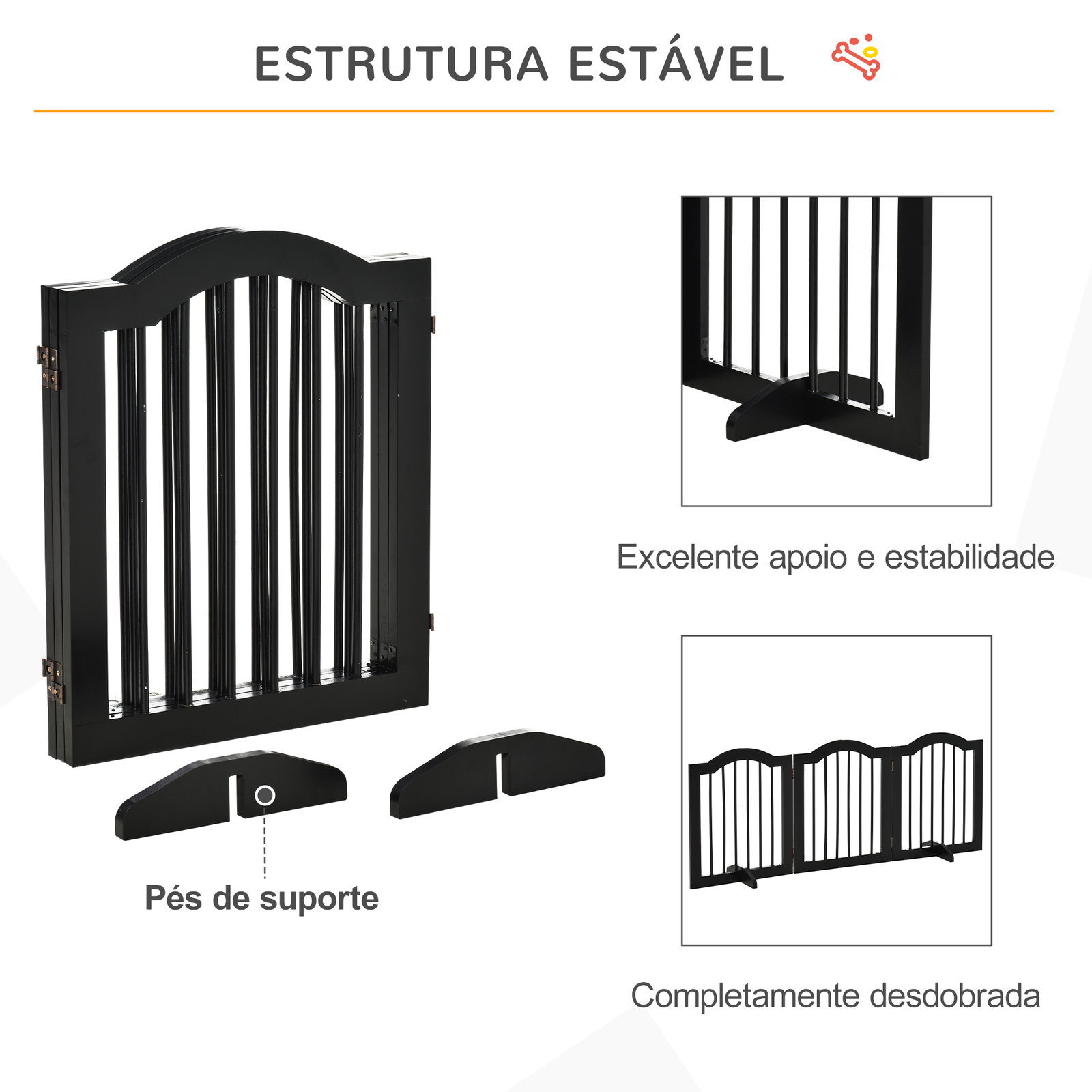 Barreira de Segurança Dobrável para Cães Pequenos com 3 Painéis e 2 Suportes 154,5x29,5x61 cm Preto
