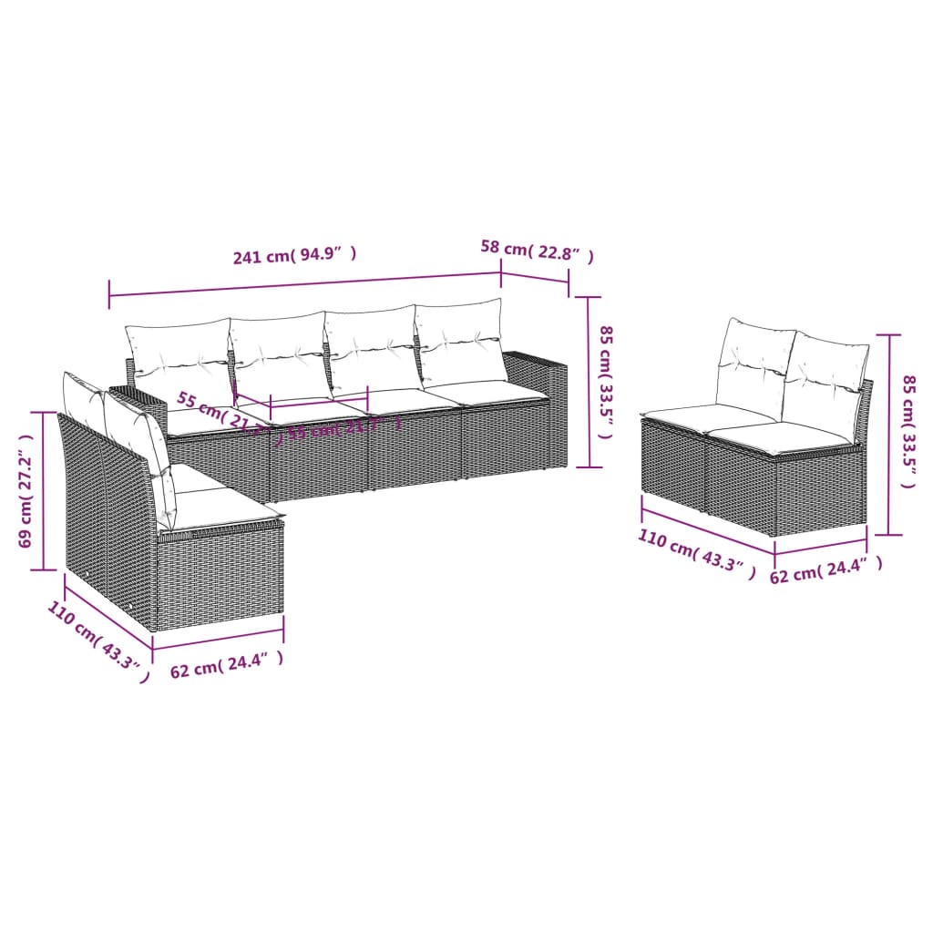 8 Pcs conjunto de sofás p/ jardim com almofadões vime PE bege