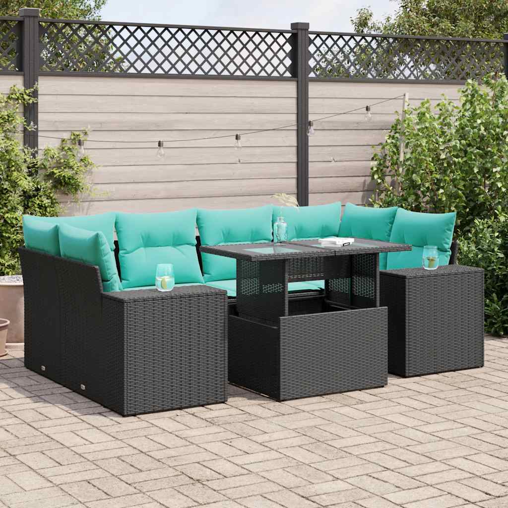 7 Pcs conjunto sofás jardim c/ almofadões vime PE/acácia preto