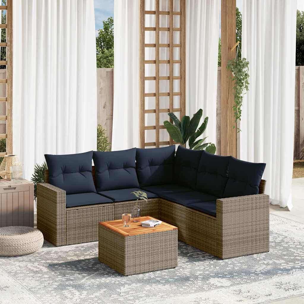 6 Pcs conjunto sofás p/ jardim c/ almofadões vime PE cinzento