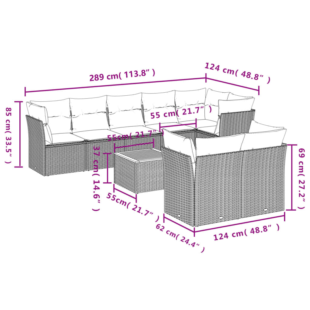 9 Pcs conjunto sofás p/ jardim com almofadões vime PE cinzento