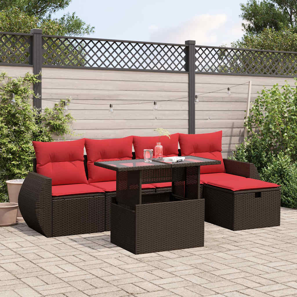 Conjunto de sofá de jardim com 6 peças e almofadas em rattan sintético marrom