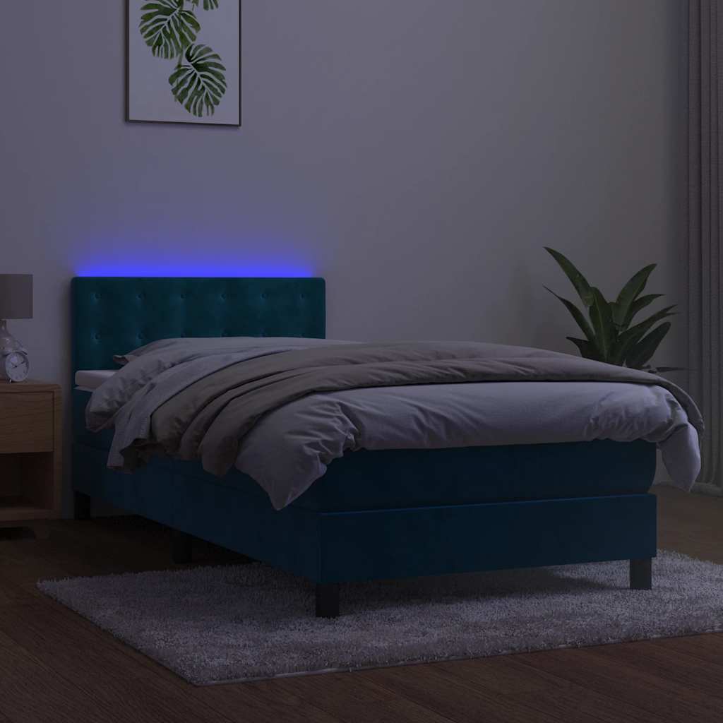 Cama box spring c/ colchão/LED 80x200 cm veludo azul-escuro