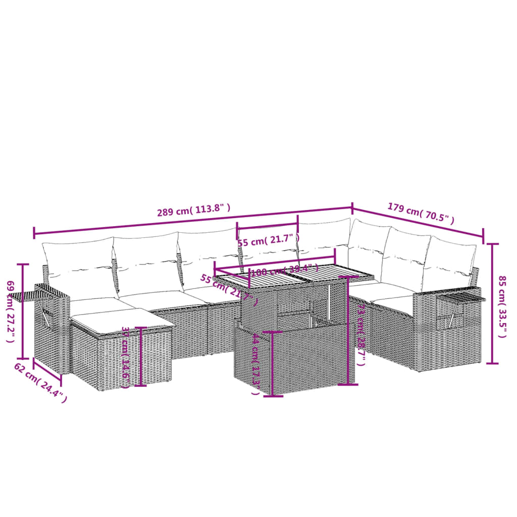 9 Pcs conjunto de sofás p/ jardim com almofadões vime PE bege