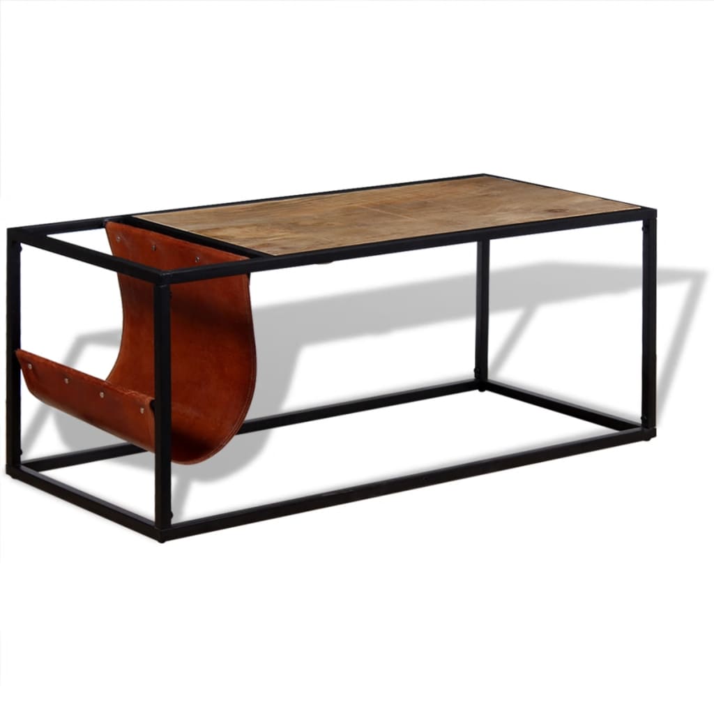 Mesa de centro c/ suporte de revistas pele genuína 110x50x45 cm