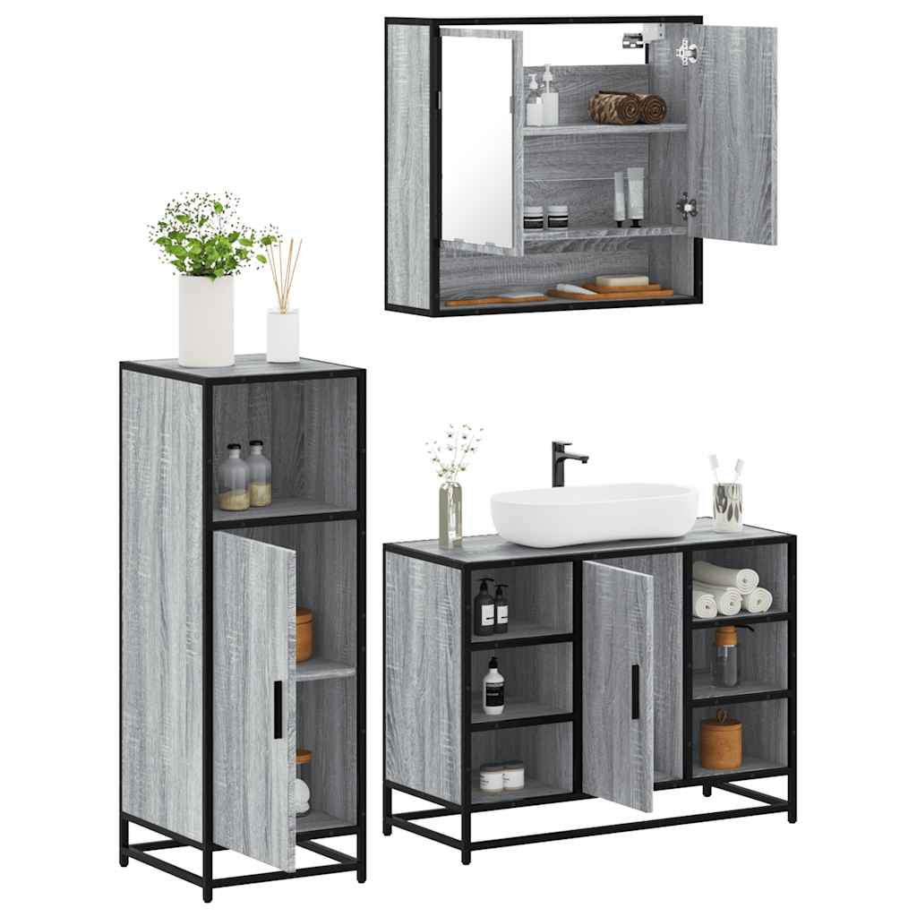 3 Pcs conjunto móveis casa de banho madeira proc. cinza sonoma