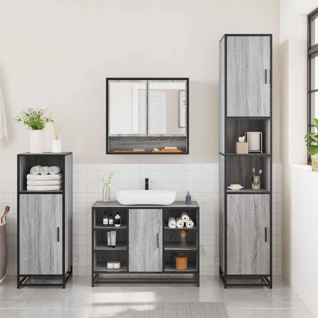 3 Pcs conjunto móveis casa de banho madeira proc. cinza sonoma