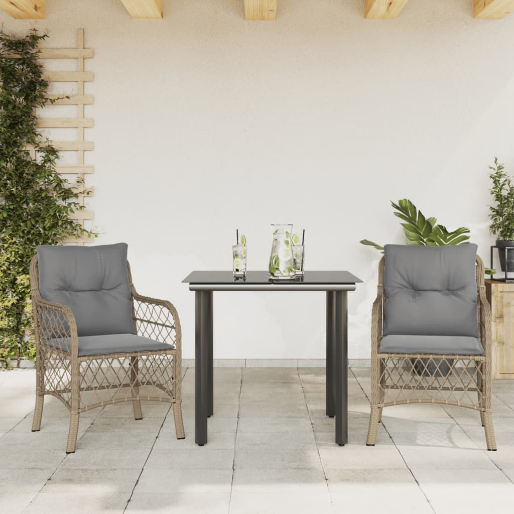 3 Pcs conjunto bistrô com almofadões vime PE bege misturado