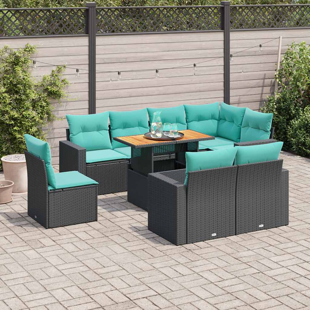 9 Pcs conjunto de sofás p/ jardim c/ almofadões vime PE preto