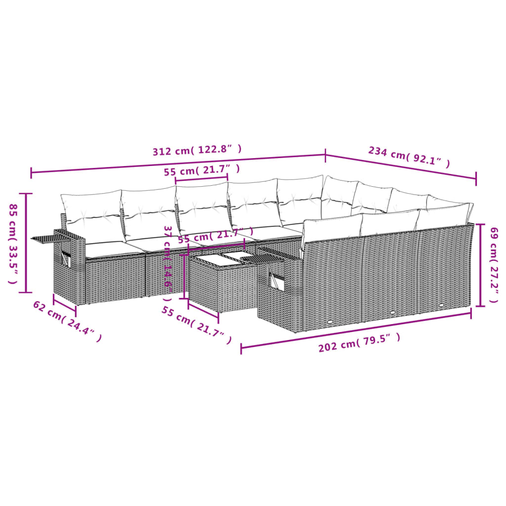 11 Pcs conjunto sofás de jardim c/ almofadões vime PE bege