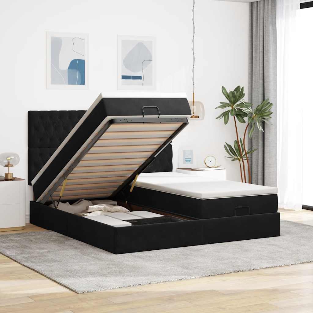 Estrutura de cama otomana com colchões 200x200cm veludo preto