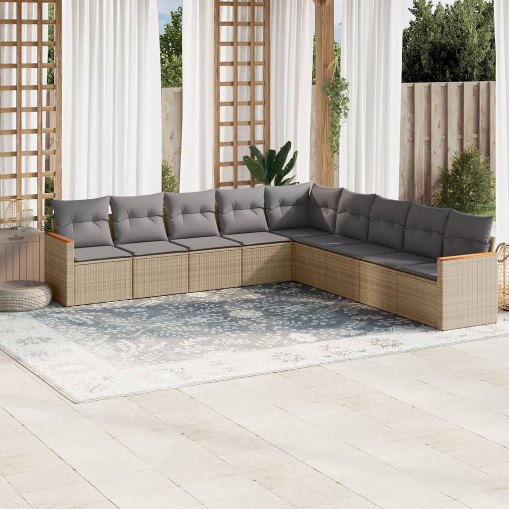 9 Pcs conjunto de sofás p/ jardim com almofadões vime PE bege