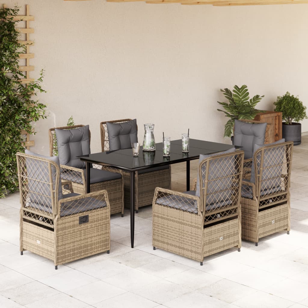 7 Pcs conjunto de jantar p/ jardim com almofadões vime PE bege