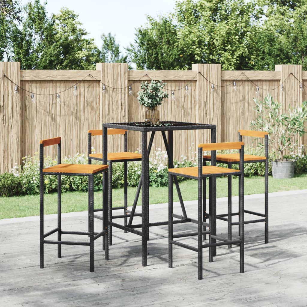 5 Pcs conjunto de bar p/ jardim vime PE/acácia maciça preto