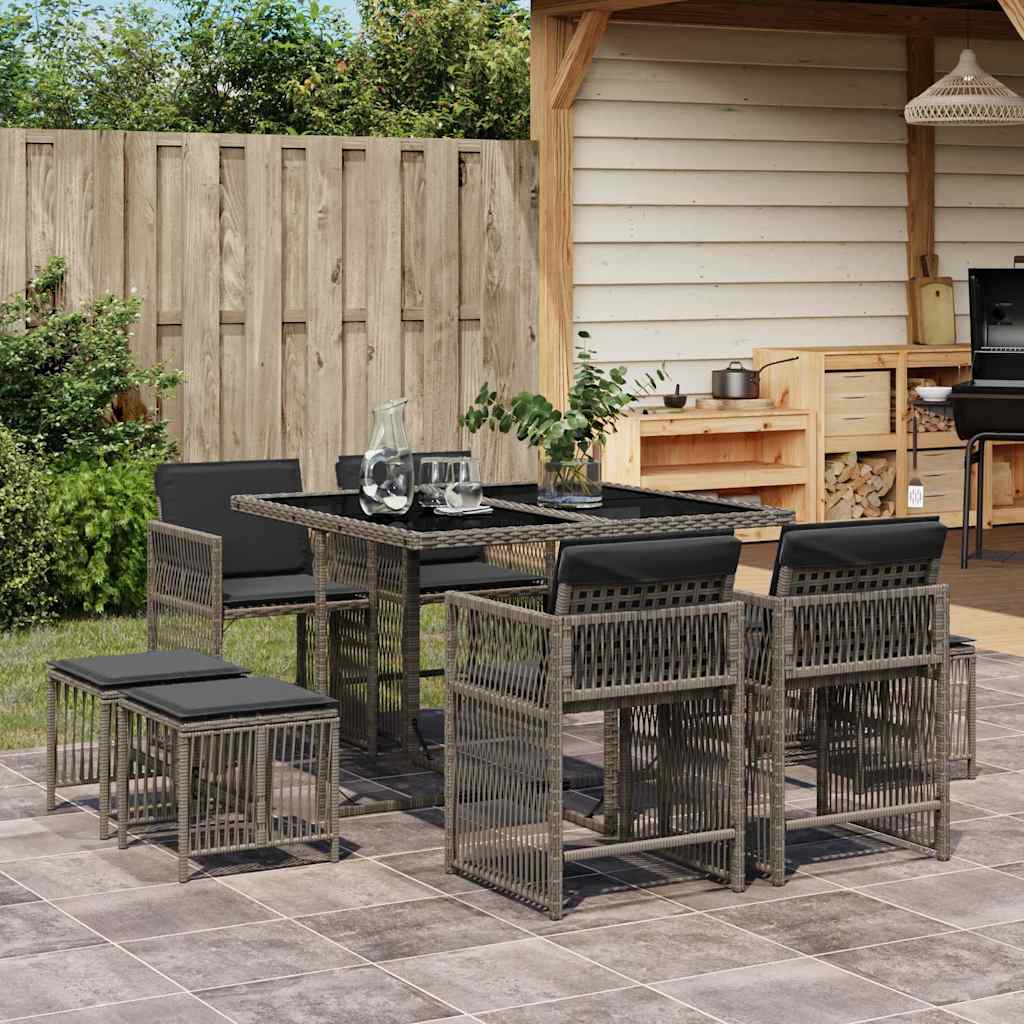 9 Pcs conjunto de jantar p/ jardim c/ almofadões vime PE cinza