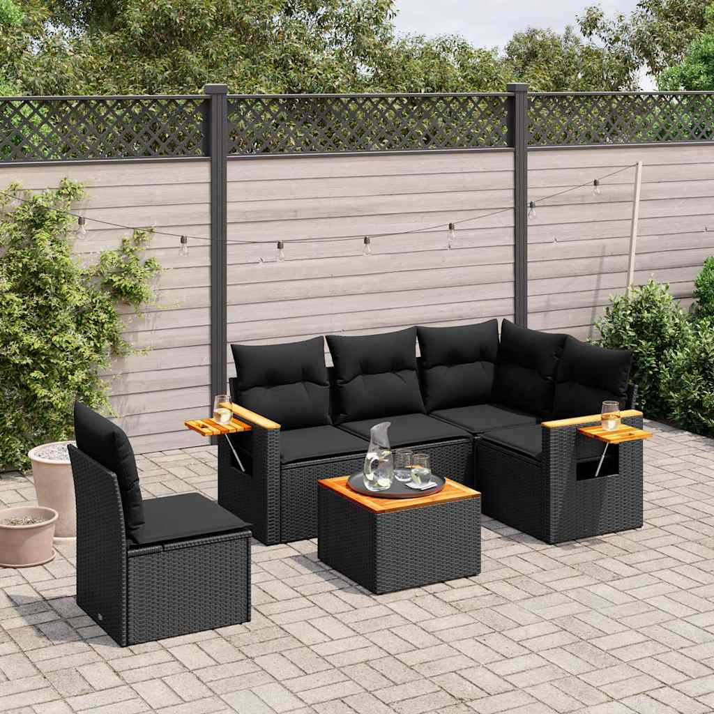 6 Pcs conjunto sofás de jardim c/ almofadões vime PE preto