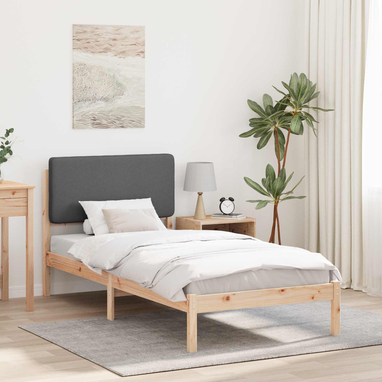 Estrutura de cama com cabeceira estofada cinza escuro
