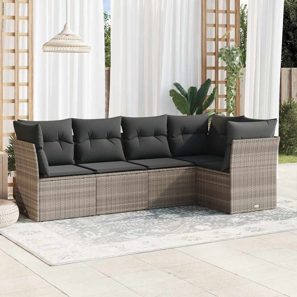 5 Pcs conj. sofás jardim c/ almofadões vime PE cinzento-claro