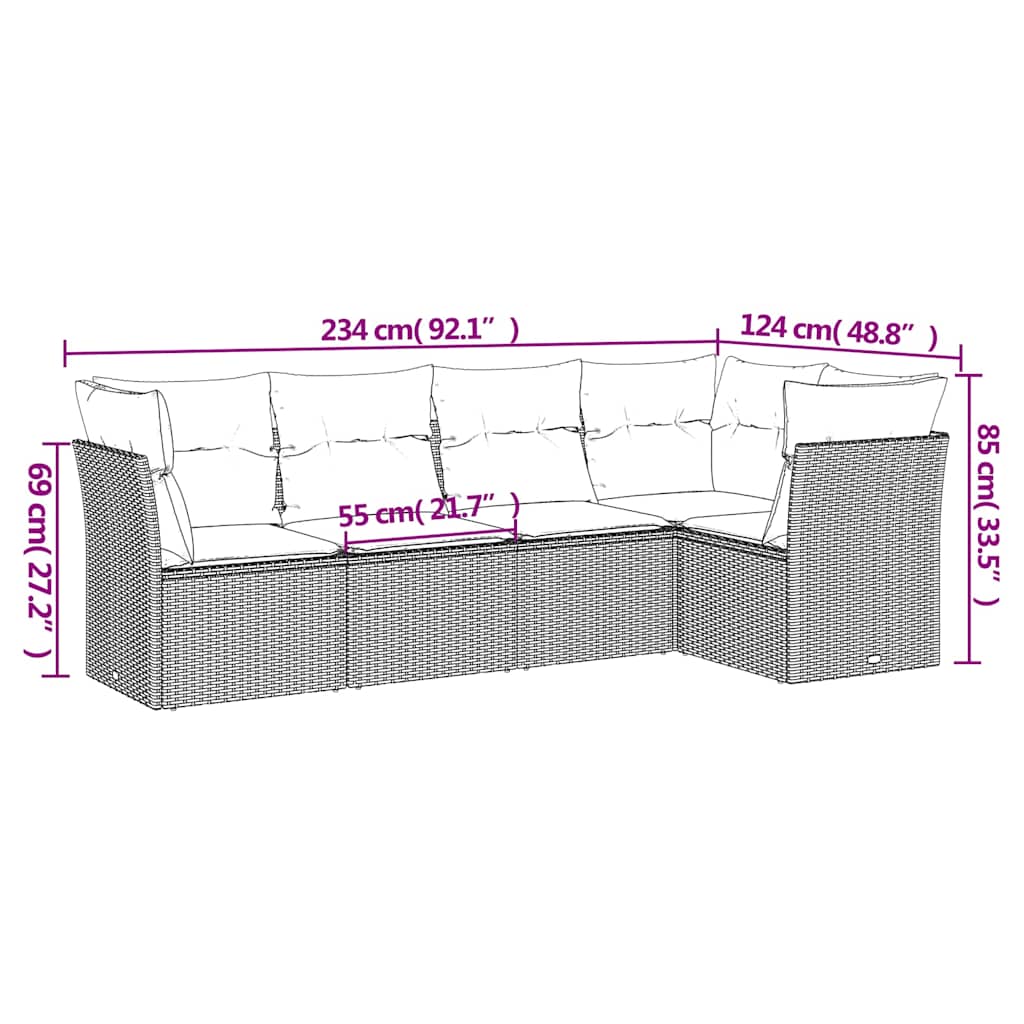 5 Pcs conj. sofás jardim c/ almofadões vime PE cinzento-claro