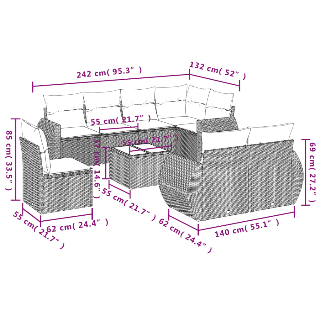 9 Pcs conjunto de sofás p/ jardim com almofadões vime PE bege