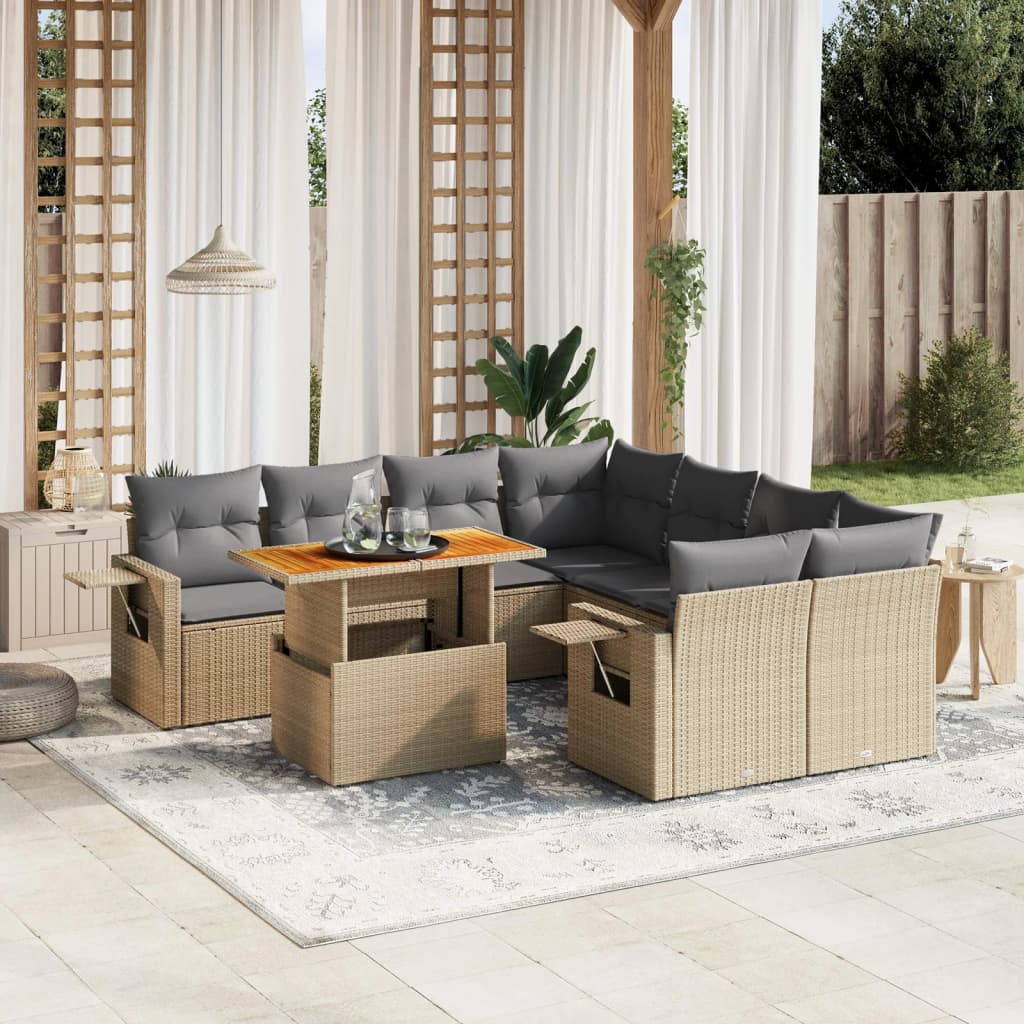 9 Pcs conjunto de sofás p/ jardim com almofadões vime PE bege