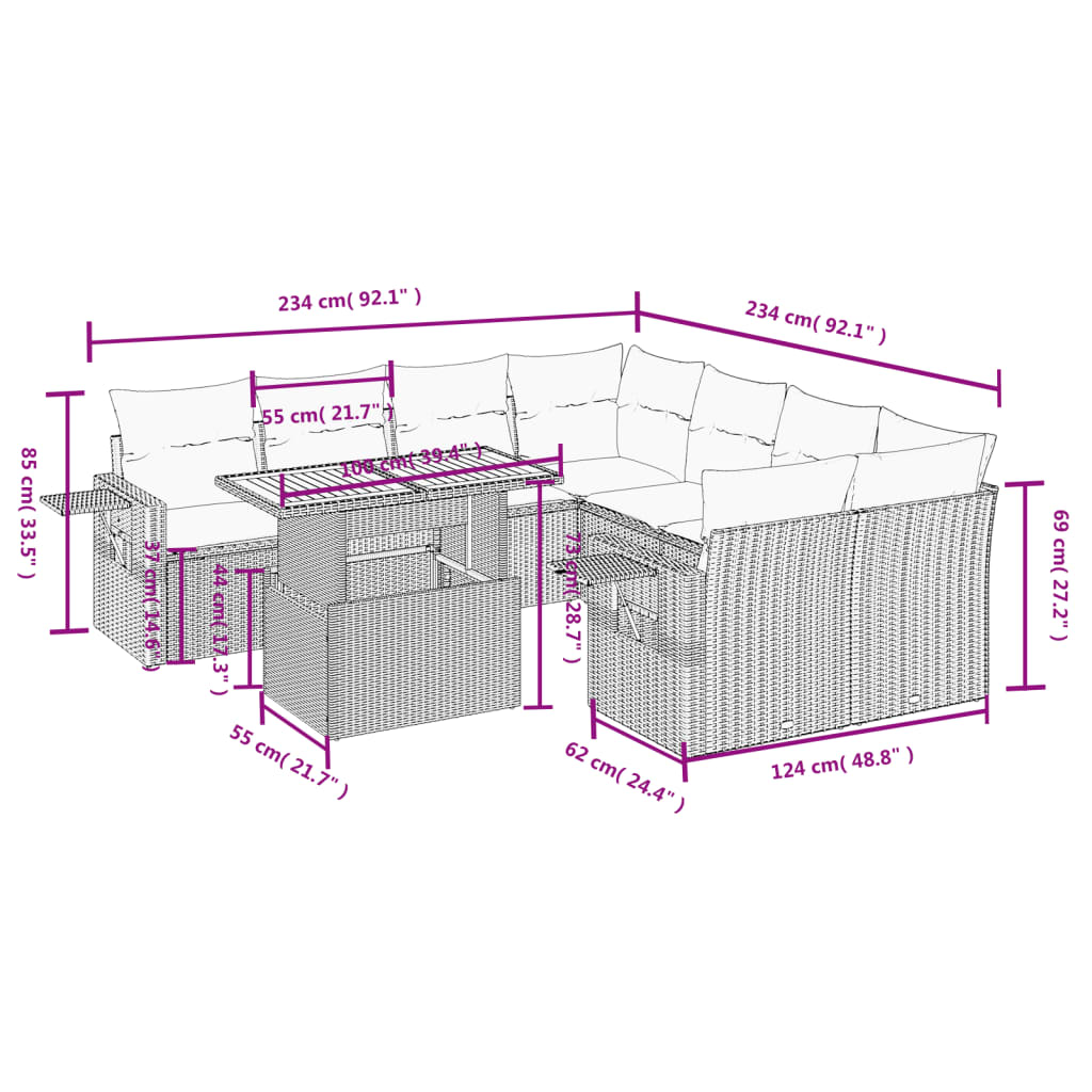 9 Pcs conjunto de sofás p/ jardim com almofadões vime PE bege