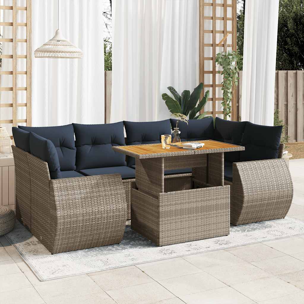 7 Pcs conjunto sofás p/ jardim c/ almofadões vime PE cinzento