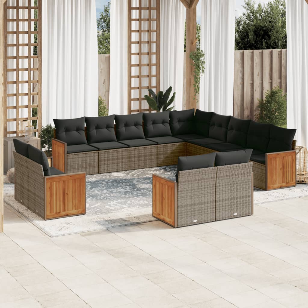 13 Pcs conjunto sofás p/ jardim c/ almofadões vime PE cinzento
