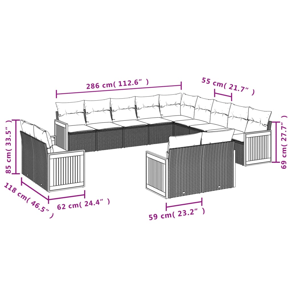 13 Pcs conjunto sofás p/ jardim c/ almofadões vime PE cinzento