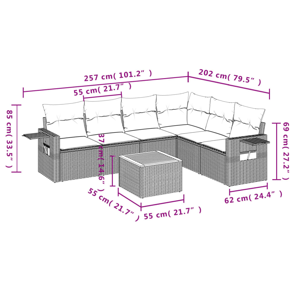 7 Pcs conj. sofás jardim c/ almofadões vime PE bege misturado