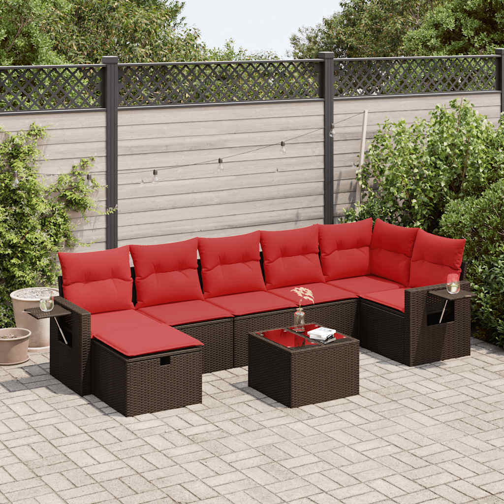 8 Pcs conjunto sofás de jardim c/ almofadões vime PE castanho