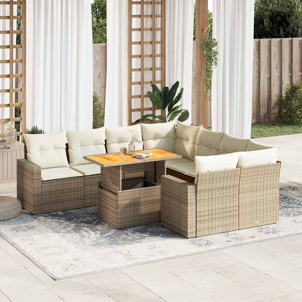 9 Pcs conjunto de sofás p/ jardim com almofadões vime PE bege