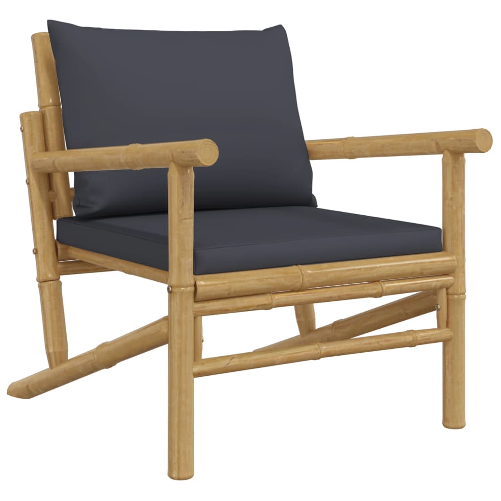 3Pcs conj. lounge de jardim bambu c/ almofadões cinzento-escuro