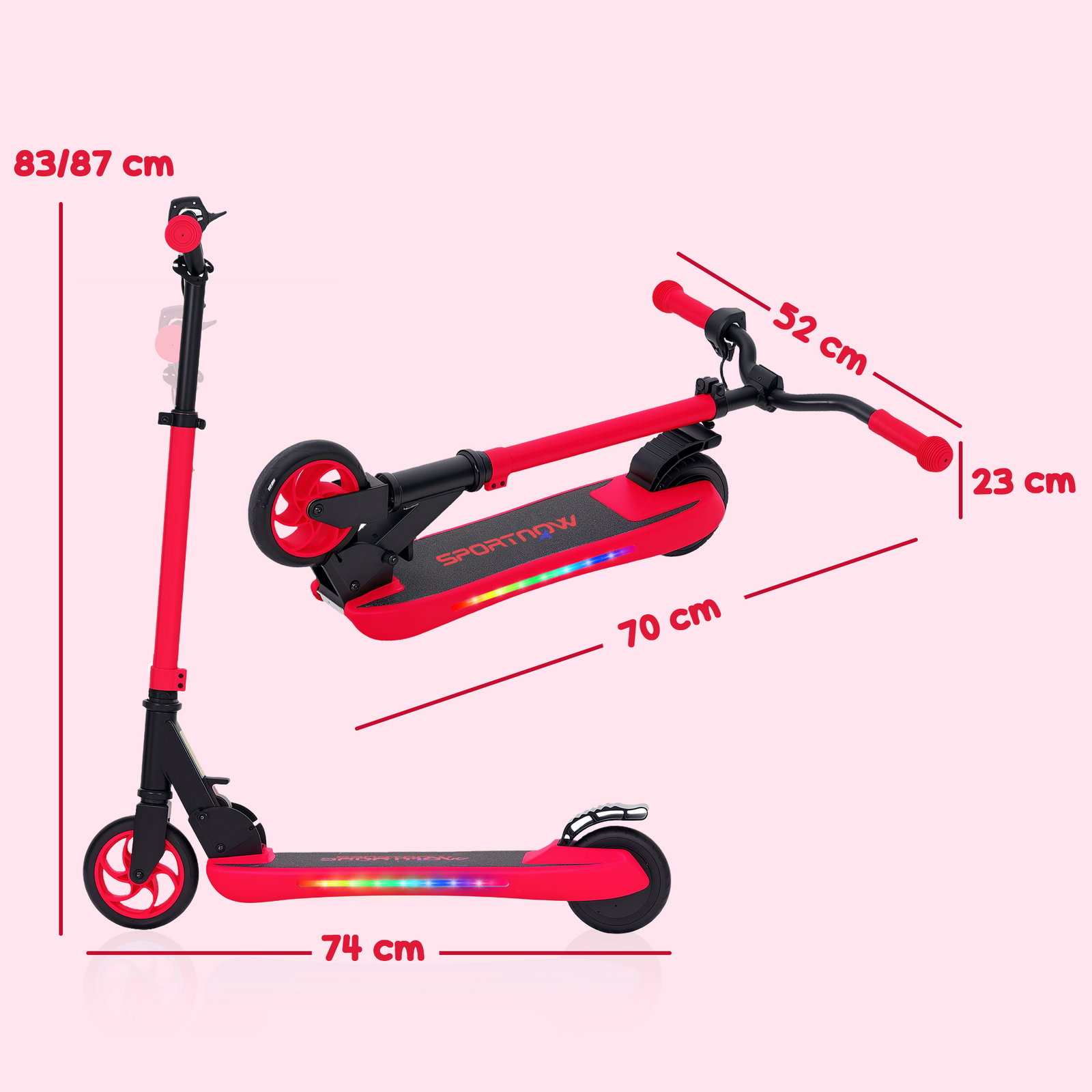 Trotinete elétrica dobrável para crianças 120 w autonomia 6 km e máximo 10 km/h com travão luzes LED 74x52x83-87 cm vermelho