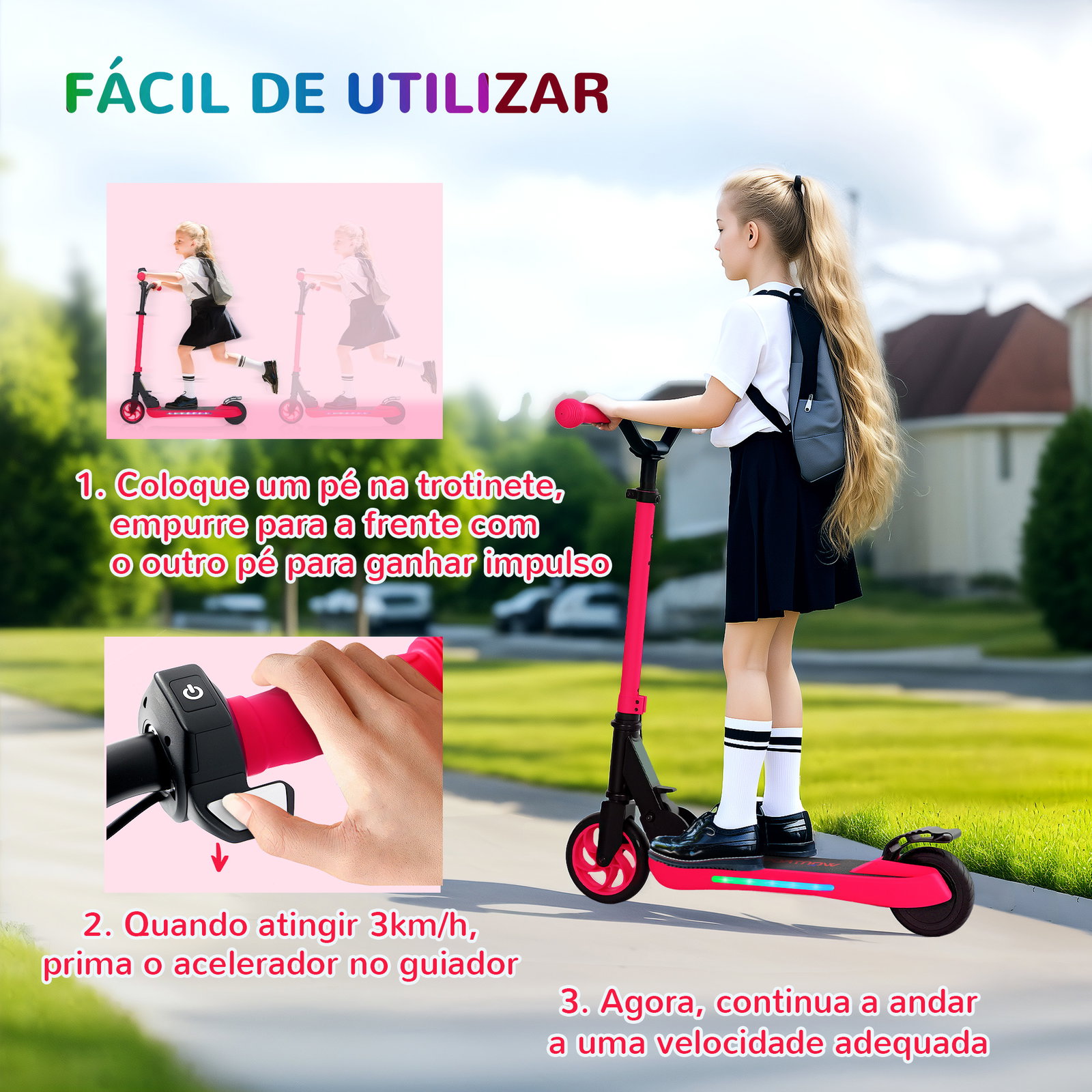 Trotinete elétrica dobrável para crianças 120 w autonomia 6 km e máximo 10 km/h com travão luzes LED 74x52x83-87 cm vermelho