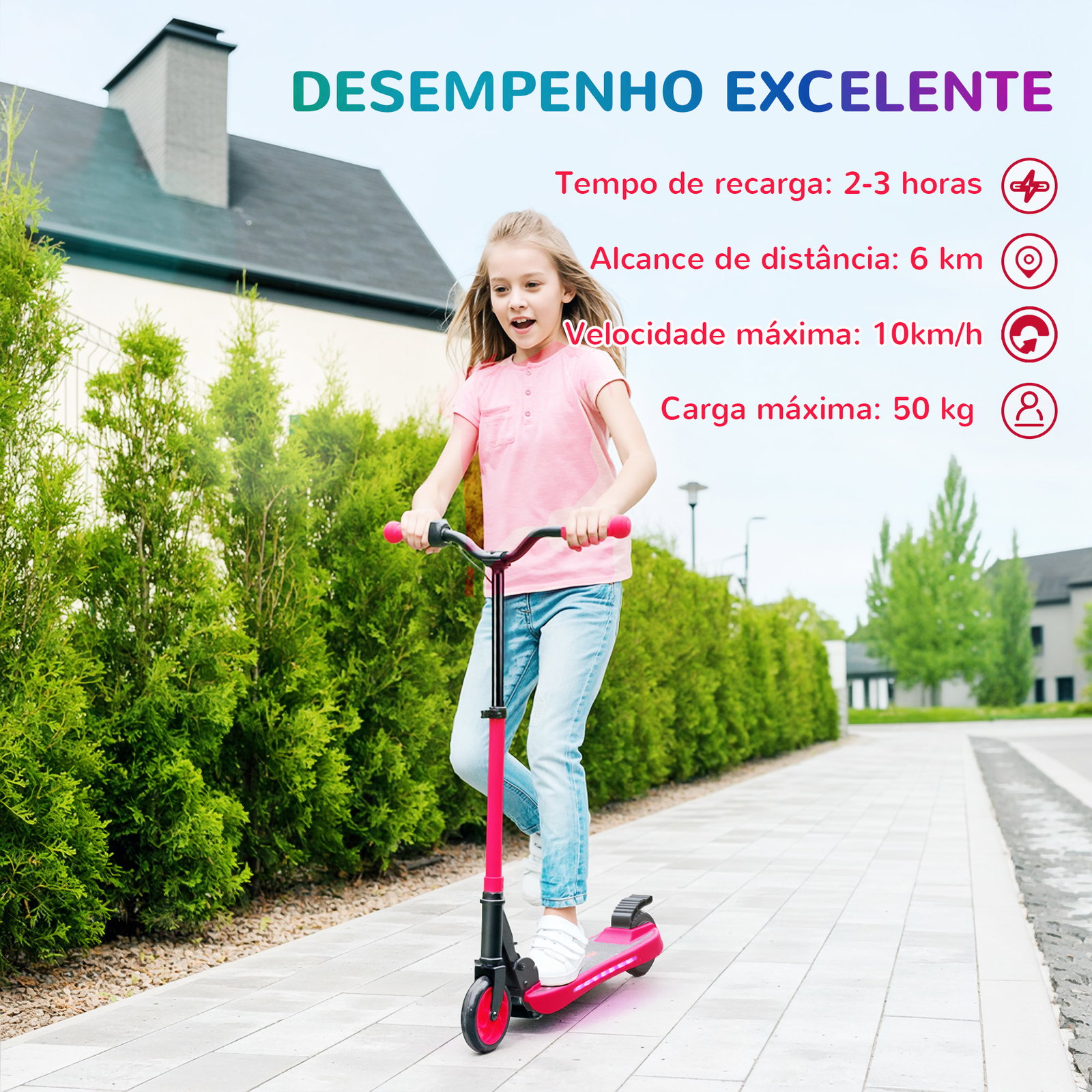Trotinete elétrica dobrável para crianças 120 w autonomia 6 km e máximo 10 km/h com travão luzes LED 74x52x83-87 cm vermelho