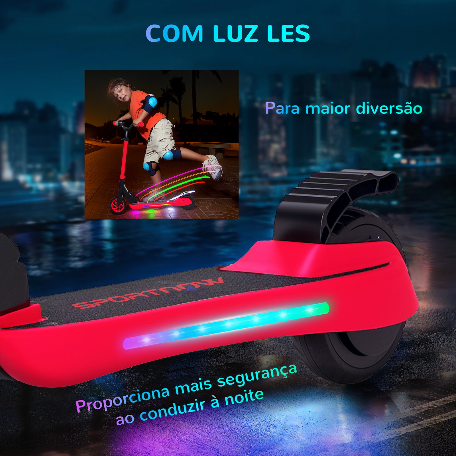 Trotinete elétrica dobrável para crianças 120 w autonomia 6 km e máximo 10 km/h com travão luzes LED 74x52x83-87 cm vermelho