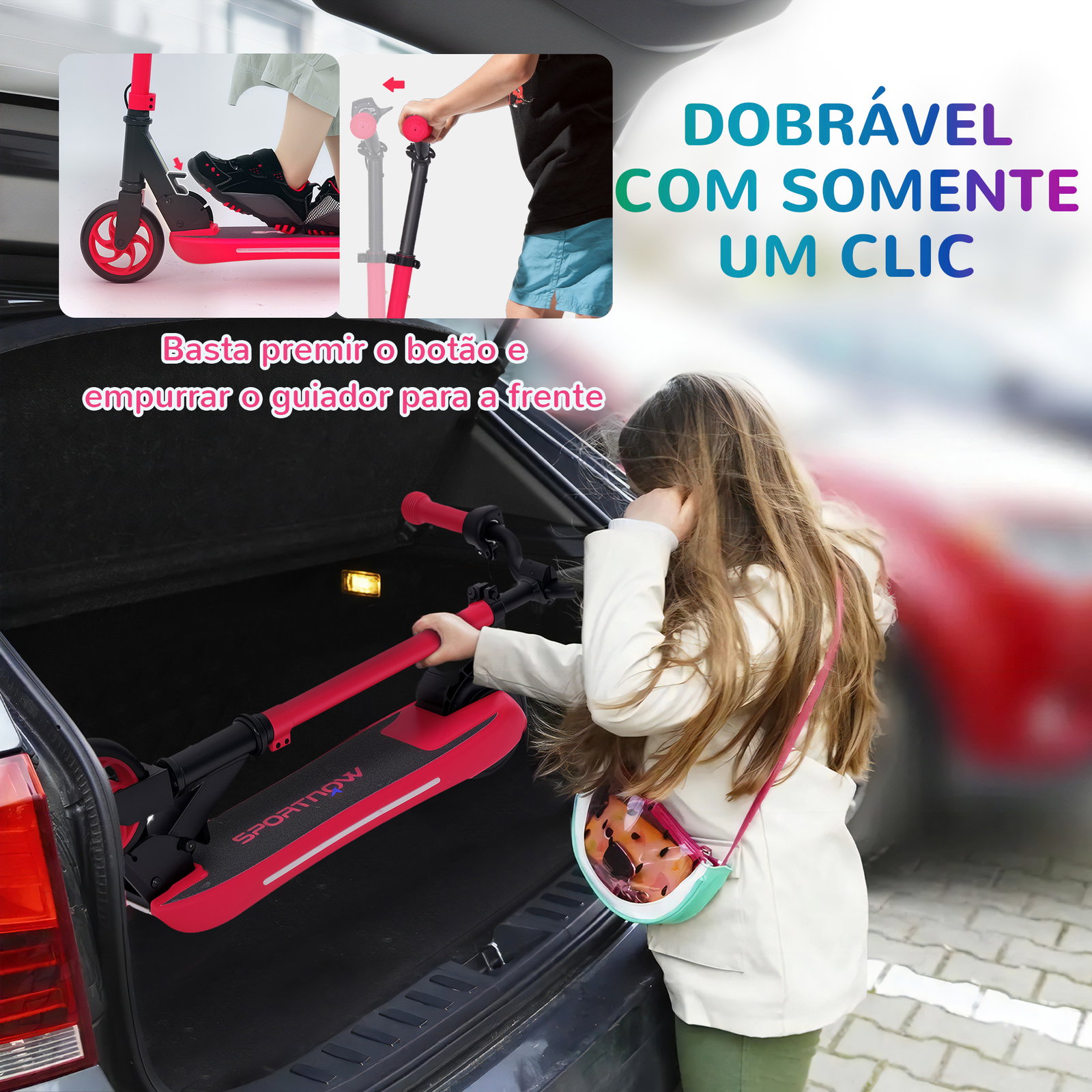Trotinete elétrica dobrável para crianças 120 w autonomia 6 km e máximo 10 km/h com travão luzes LED 74x52x83-87 cm vermelho
