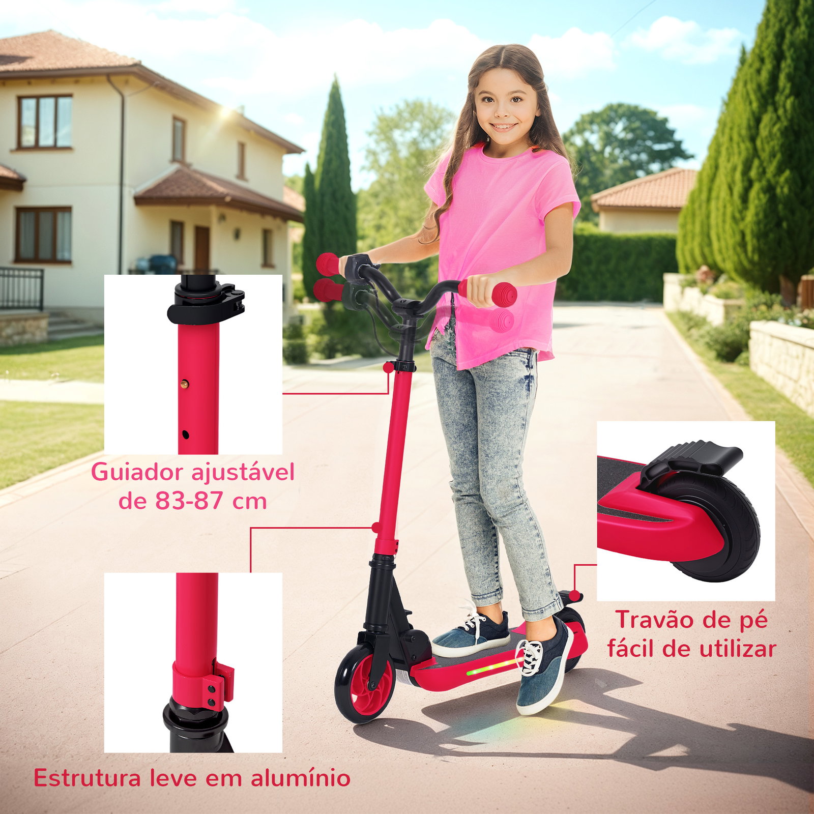 Trotinete elétrica dobrável para crianças 120 w autonomia 6 km e máximo 10 km/h com travão luzes LED 74x52x83-87 cm vermelho