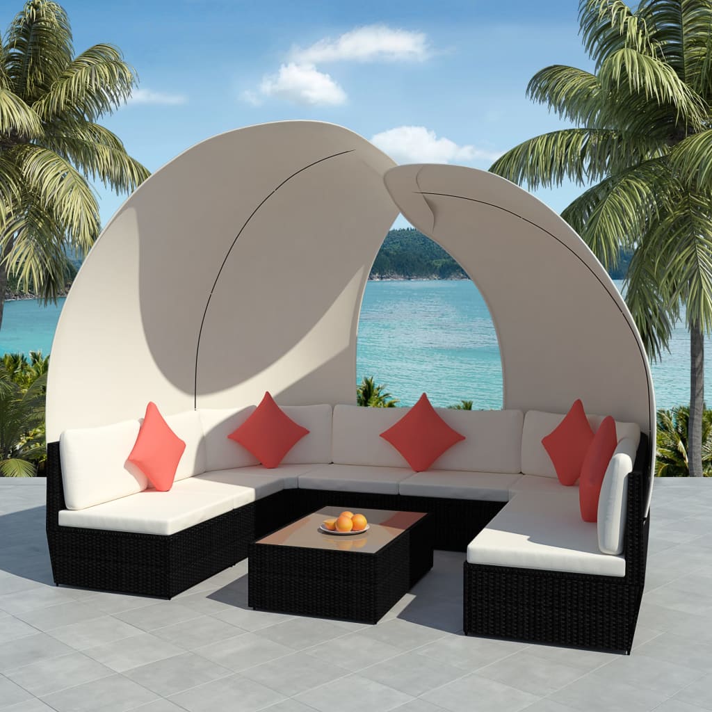 9 Pcs conjunto lounge jardim c/ toldos vime PE preto