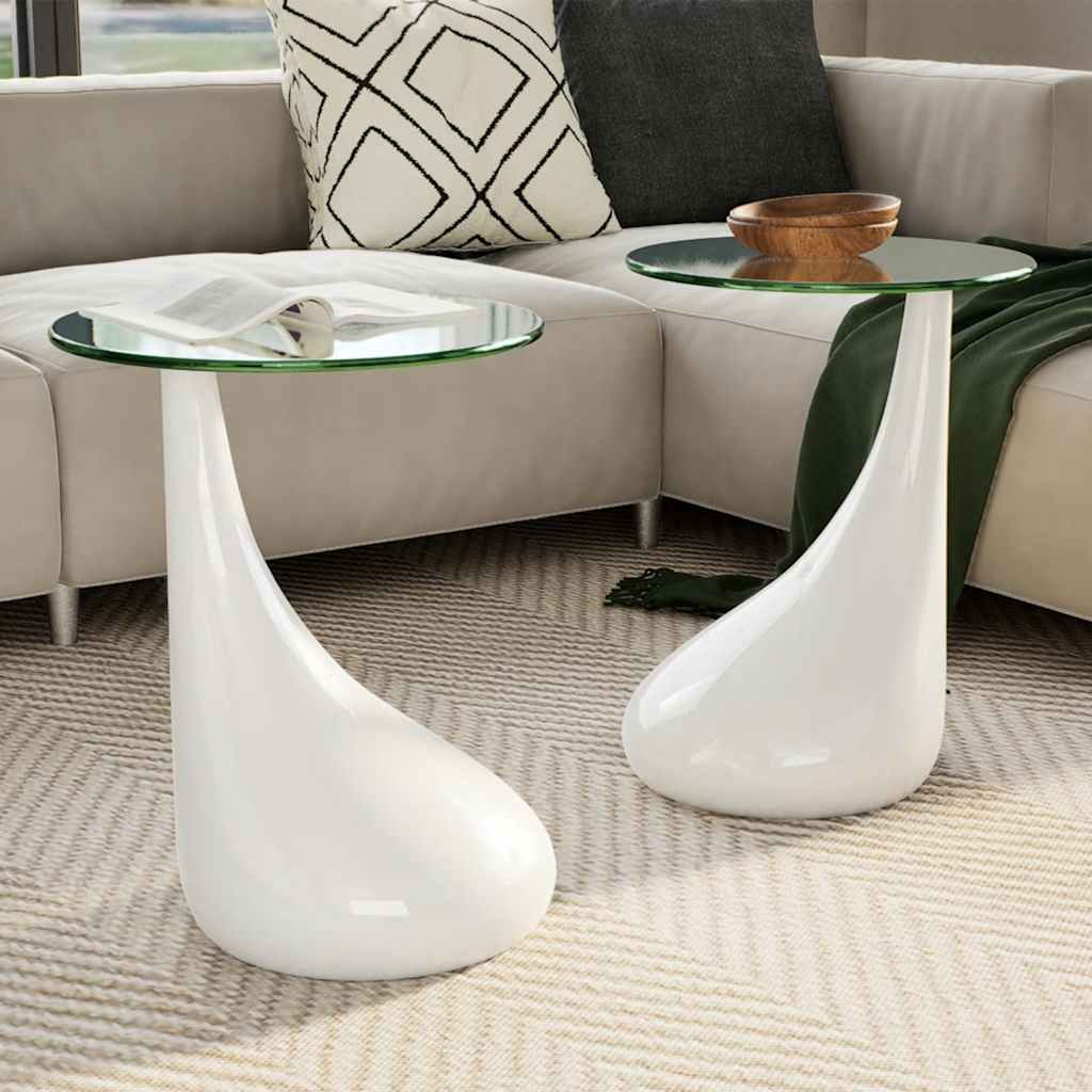 Mesas centro 2 pcs c/ tampo redondo de vidro, branco brilhante