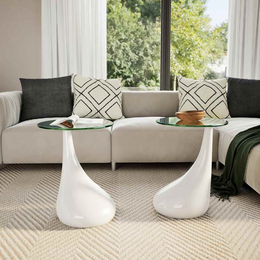 Mesas centro 2 pcs c/ tampo redondo de vidro, branco brilhante