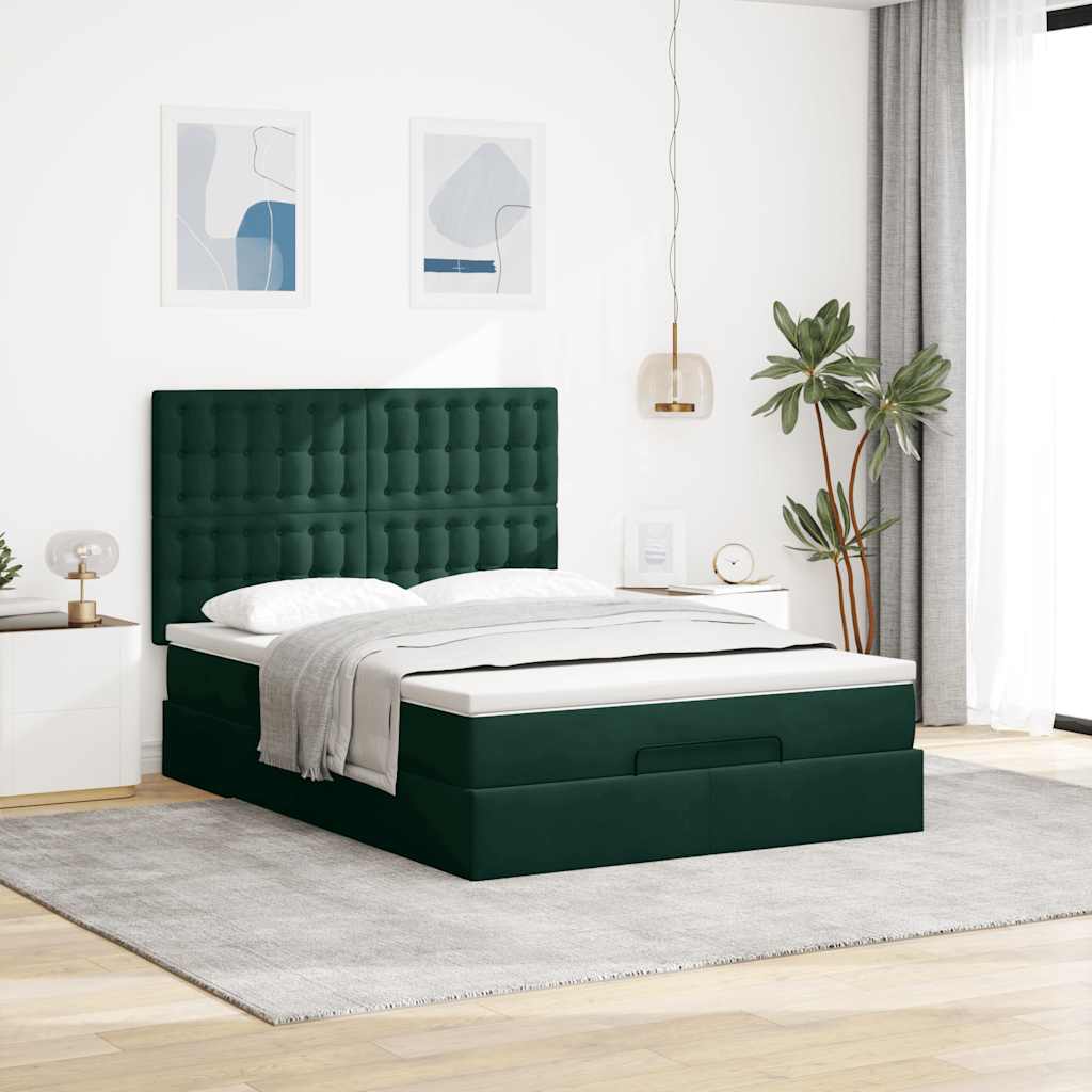 Estrutura cama otomana colchões 140x190 cm veludo verde escuro