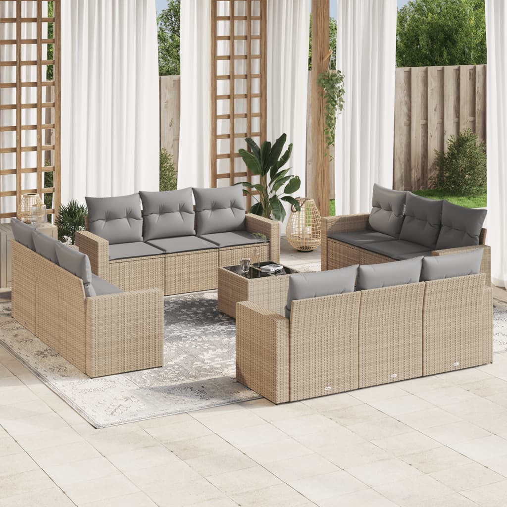 13 Pcs conjunto de sofás p/ jardim com almofadões vime PE bege