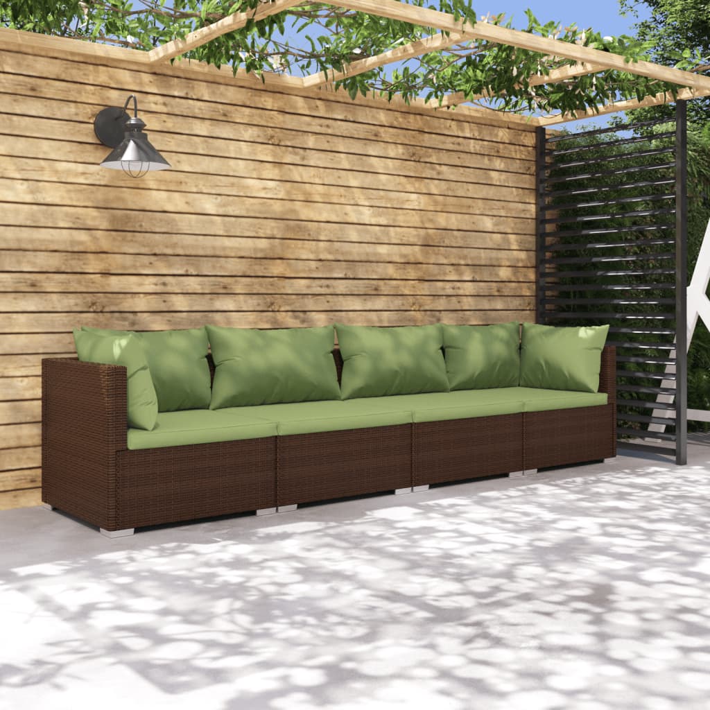 4 Pcs conjunto lounge jardim c/ almofadões vime PE castanho