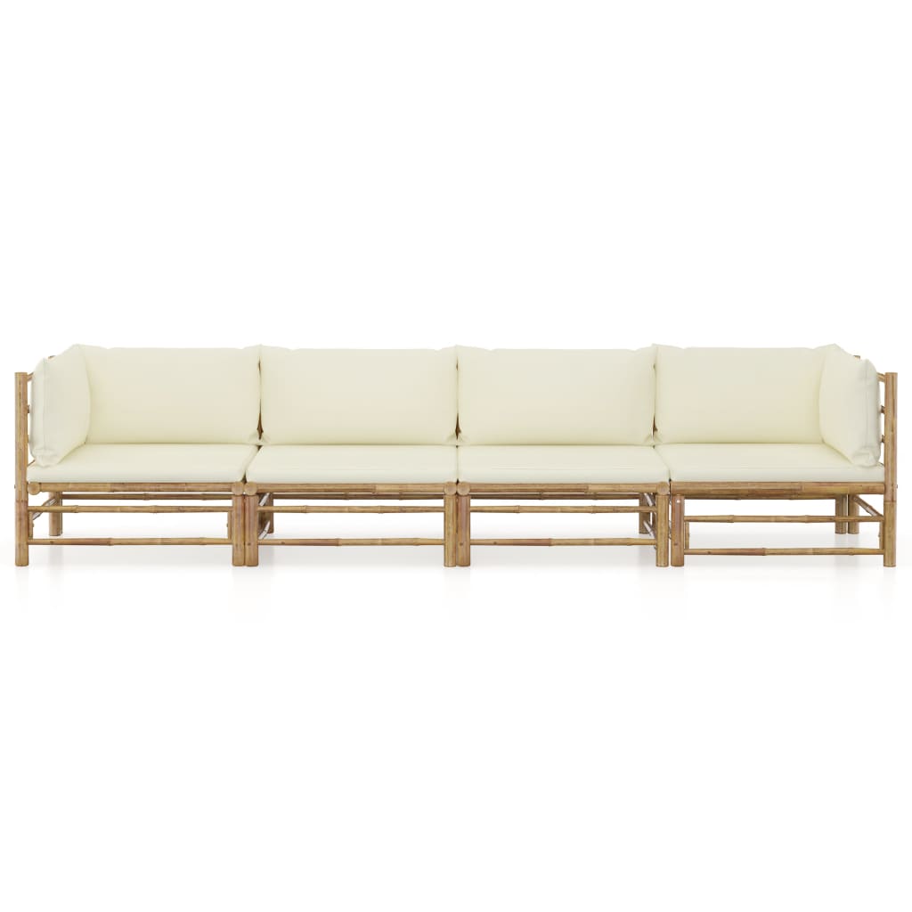 4 Pcs conj. lounge p/ jardim em bambu c/ almofadões branco nata